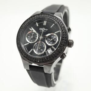 DKNY Black Ceramic Chronograph Watch 39mm Date Dial Silicone Band w New Battery